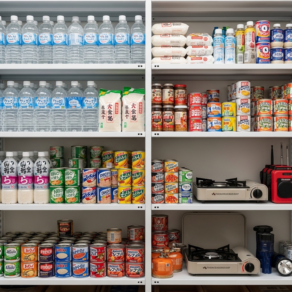 備蓄品が並んだ棚